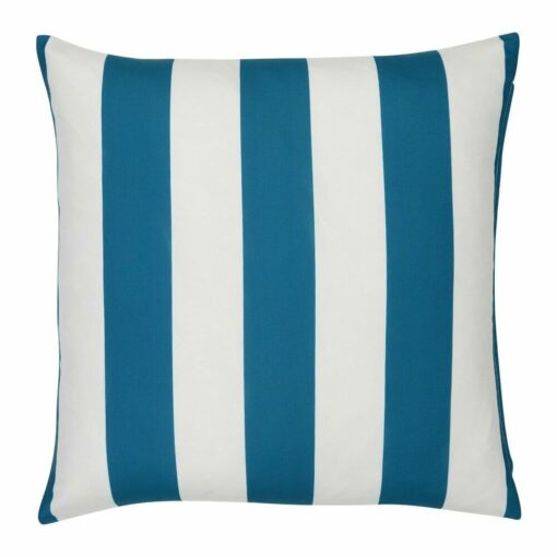A large outdoor cushion that has a teal striped pattern and is UV resistant and waterproof.