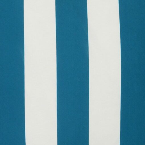 A close up view of a large outdoor cushion that has a teal striped pattern and is UV resistant and waterproof.