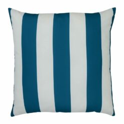 An top view of an outdoor floor cushion that is teal in colour and has stripes on one side and a plain colour on the other.