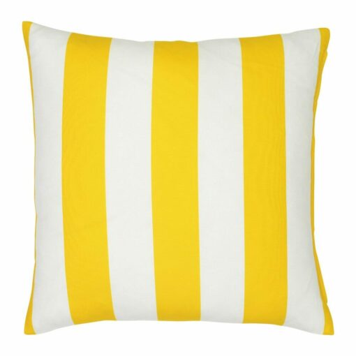 A large outdoor cushion that has a yellow striped pattern and is UV resistant and waterproof.