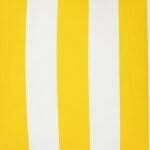 A close up view of a large outdoor cushion that has a yellow striped pattern and is UV resistant and waterproof.