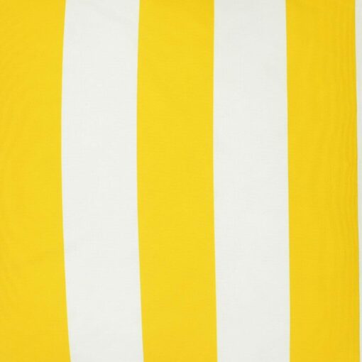 A close up view of a large outdoor cushion that has a yellow striped pattern and is UV resistant and waterproof.