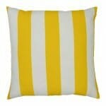 A top view of an outdoor floor cushion that is yellow in colour and has stripes on one side and a plain colour on the other.