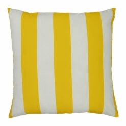 A top view of an outdoor floor cushion that is yellow in colour and has stripes on one side and a plain colour on the other.