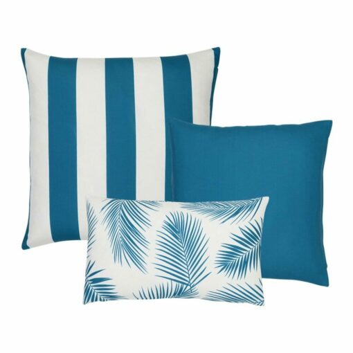An image of a striped teal outdoor cushion, a plain teal outdoor cushion and a single teal rectangular botanical design outdoor cushion.