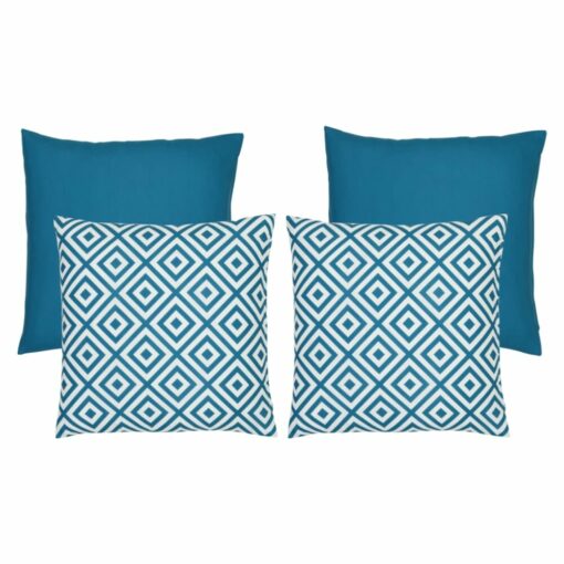 An image of two teal outdoor cushions and two teal geometric design outdoor cushions.