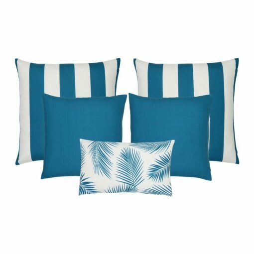 A set of five outdoor cushions in teal colours and striped, plain and botanical designs.