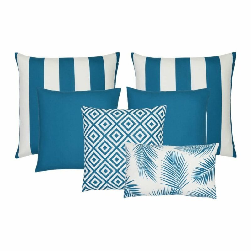 Otama Teal 6 Outdoor Cushion Cover Collection - COL988 A set of 6 outdoor cushions in teal colours and striped, plain, geometric and botanical designs.