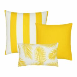 An image of a striped yellow outdoor cushion, a plain yellow outdoor cushion and a single yellow rectangular botanical outdoor cushion.