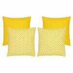 An image of two yellow plain outdoor cushions and two yellow geometric design outdoor cushions.