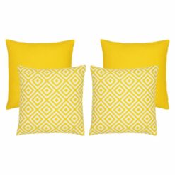An image of two yellow plain outdoor cushions and two yellow geometric design outdoor cushions.