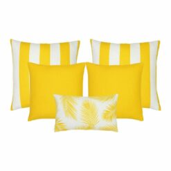 A set of five outdoor cushions in yellow colours and striped, plain and botanical designs.