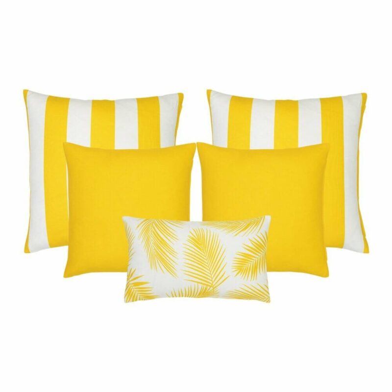 Otama Yellow 5 Outdoor Cushion Cover Collection - COL994 A set of five outdoor cushions in yellow colours and striped, plain and botanical designs.