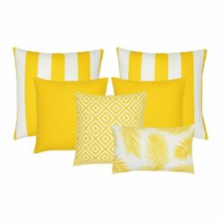 A set of 6 outdoor cushions in yellow colours and striped, plain, geometric and botanical designs.
