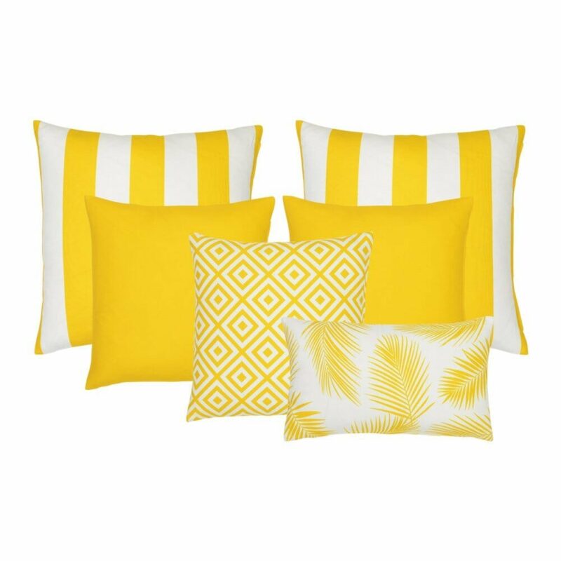 Otama Yellow 6 Outdoor Cushion Cover Collection - COL995 A set of 6 outdoor cushions in yellow colours and striped, plain, geometric and botanical designs.