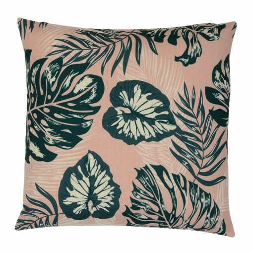 Tropical inspired cotton linen blend green on pink cushion cover