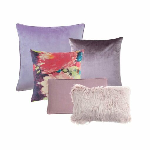 Photo of plum and pink cushion cover collection in velvet, faux fur and polyester fabric