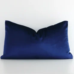 Royal blue velvet cushion cover features prominently against a white wall. It is a rectangular design and has a solid colour finish.