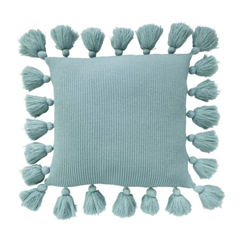 Stoned Teal Tassel Knitted Cushion Cover SC605-50 Image of teal knitted cushion cover with tassels