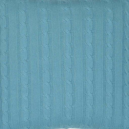 Enlarged photo of knitted cushion fabric in bright teal colour