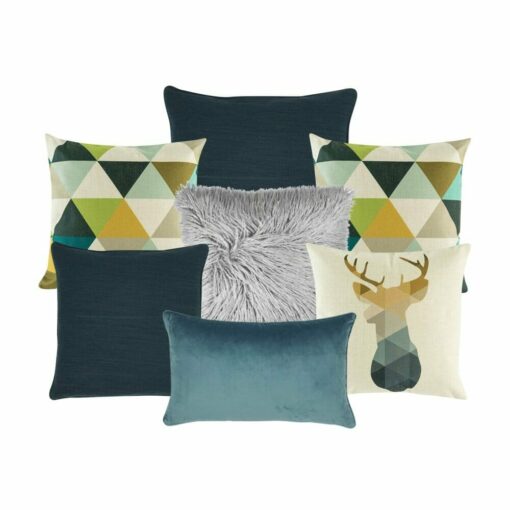 A collection of seven cushion covers in blue and green colours with a scandi design feel