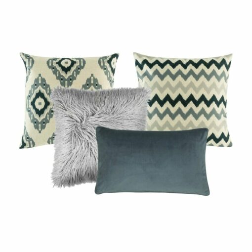 A photo of a set of four cushion covers in grey colours and patterns with three square covers and one rectangular cover.