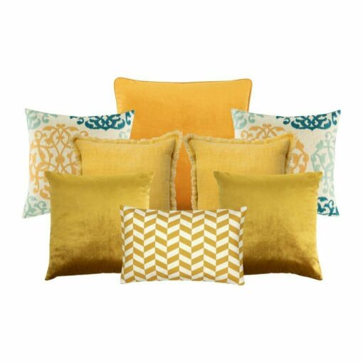 Image of 8 cushion covers in teal and gold colours