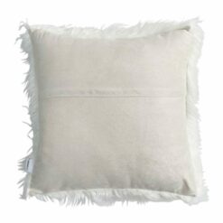 Zipper side of optic white faux fur cushion in 45cm x 45cm