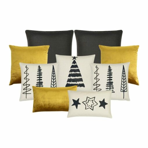 9 piece collection of gold, black and white cushions with Christmas theme