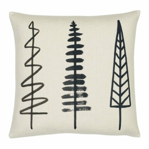 Close up photo of cotton linen cushion cover with pine trees