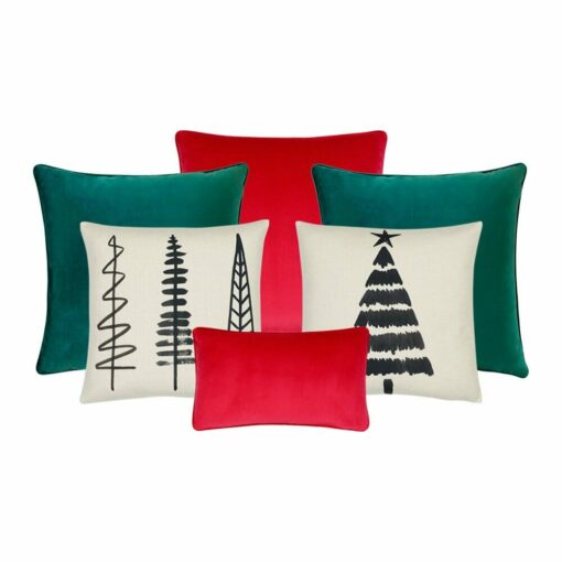 Minimalist red, green and black Christmas cushion set in velvet and cotton linen blend fabrics