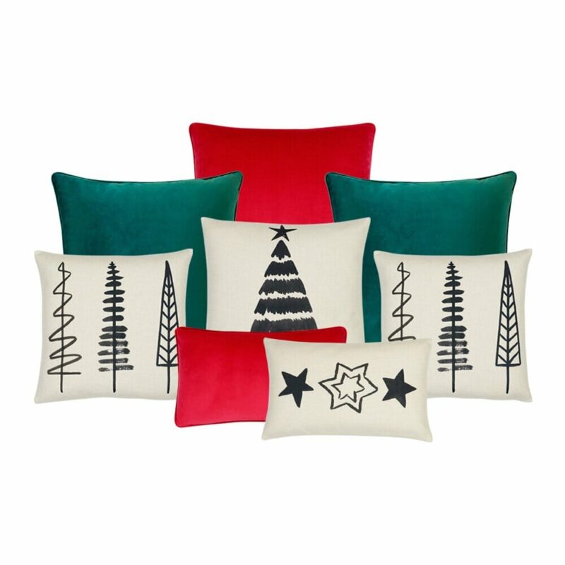 Yule Trees 8 Christmas Cushion Cover Collection - COL895 Photo of elegant 8-piece Christmas-themed cushion set brght red, green and black colours