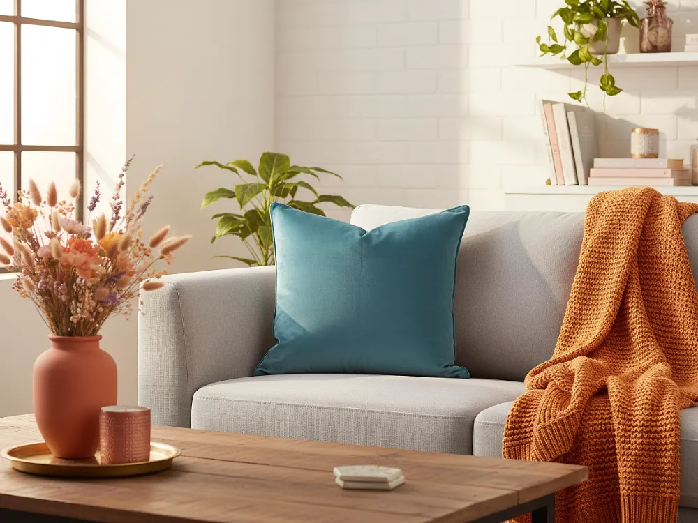 An airy living room is shown with a couch that features an aqua cushion.