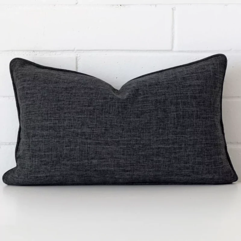 albon-charcoal-rectangular-cushion-cover-30cm-x-50cm-sc532-30 Vibrant charcoal cushion cover constructed from linen fabric and shown in a rectangle size.