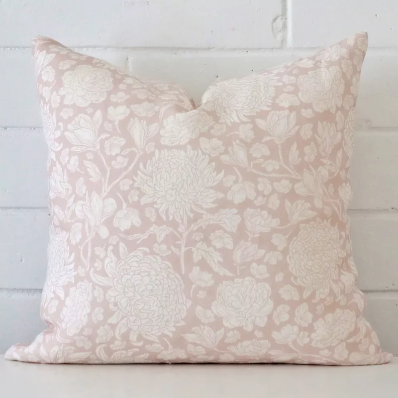 ali-linen-light-pink-floral-cushion-cover-sc1010-45 A stunning square linen cushion in a light pink colour. It has an exquisite floral design.