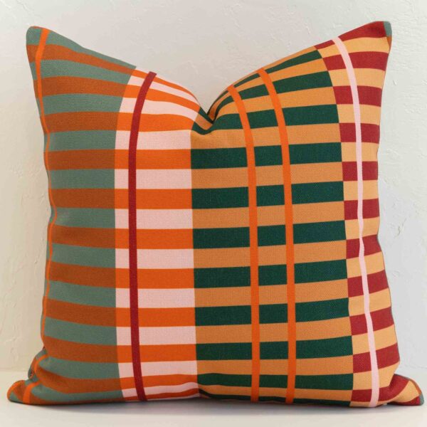 Amora bold plaid cushion with orange, green and red striped pattern.