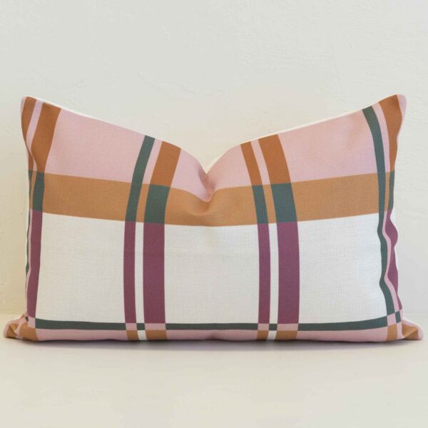 Amora pink plaid rectangular cushion with soft blush, tan and green stripes.