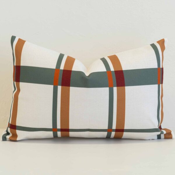 Amora plaid rectangular cushion with cream base and green, tan, and red stripes.