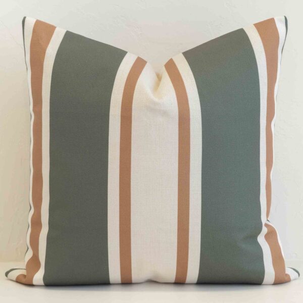 Amora wide stripe cushion with green, tan and cream vertical bands.