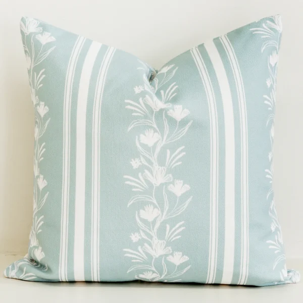 Green and white botanical stripe cushion cover, cotton-linen.