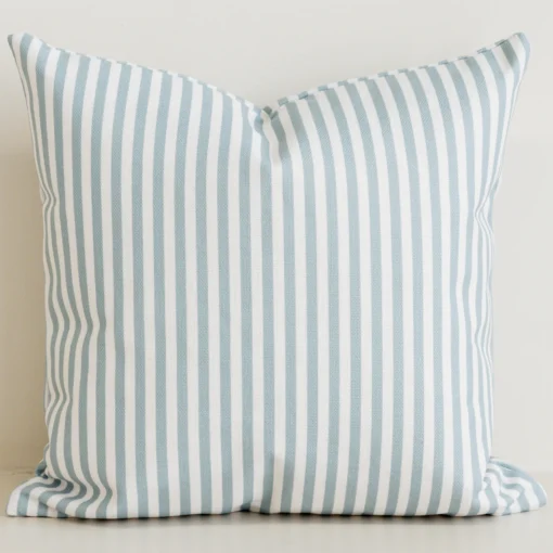 arden-sage-stripe-cushion-cover Sage pinstripe cushion cover on cream cotton-linen base.