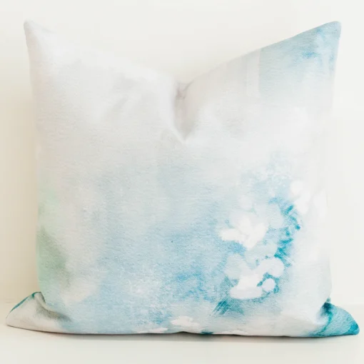 arden-watercolour-cushion-cover Seafoam green watercolour print cushion cover on cream fabric.