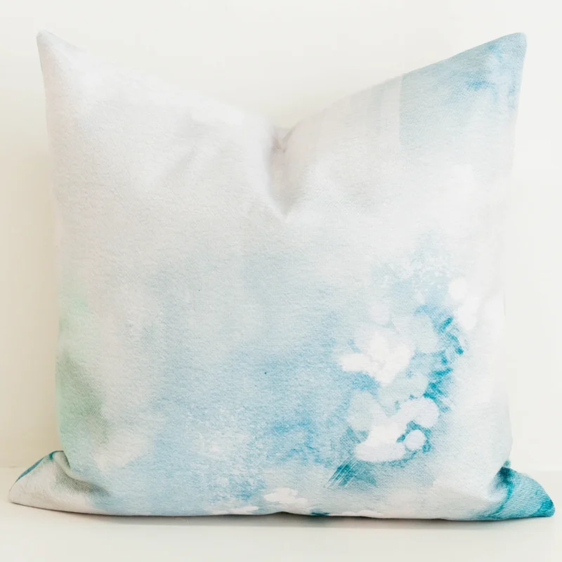 arden-watercolour-cushion-cover Seafoam green watercolour print cushion cover on cream fabric.