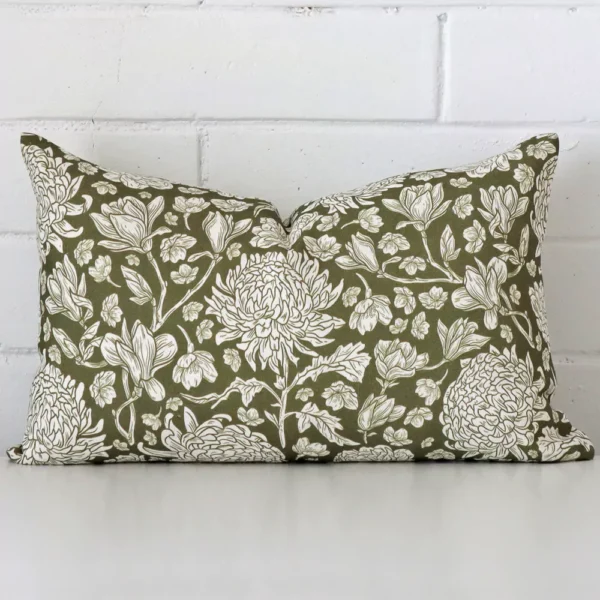 Ava Linen Olive Green Floral Cushion Cover - Rectangle