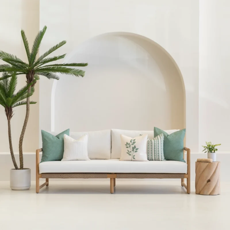 Outdoor living room showcasing 3 avena outdoor couch cushions on a white couch.