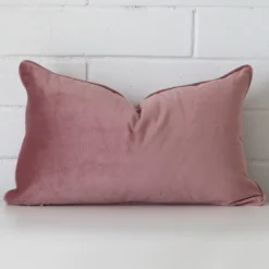 A graceful rectangle blush cushion with a style on durable velvet fabric.