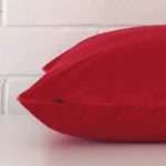 A large velvet cushion positioned flat to show its seams. The red color is shown more clearly.