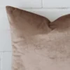 Extreme close up of a square champagne cushion. The velvet fabric is shown with a much higher degree of detail.