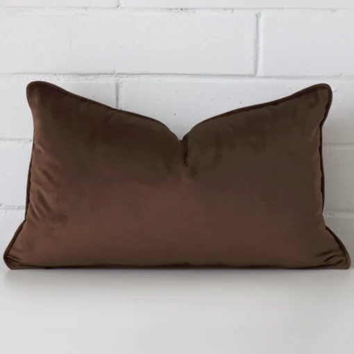 Here a chocolate brown velvet cushion is shown styled against a white wall. It has a rectangle design.