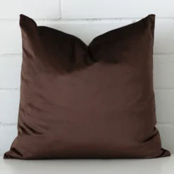 Here a brown velvet cushion is shown styled against a white wall. It has a square design.